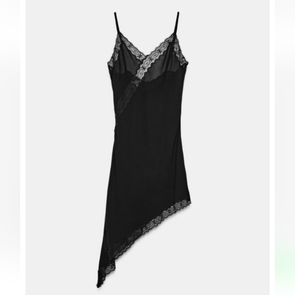Zara Zw Collection Black Slip Lace Trim Sheer Dress Sz-L - Picture 1 of 11